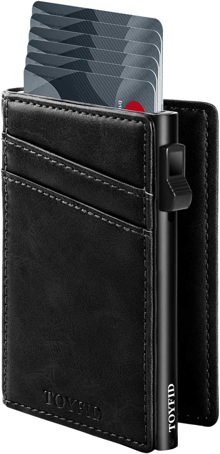 Minimalist Wallet for Men,Slim Wallet for Men,Pop Up Wallet, Slim Card Holder RFID Blocking, Leather Wallets with Money Pocket,Minimalist Card Case Up to 11 Credit Cards (Black)