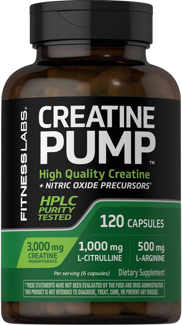 Fitness Labs Creatine Monohydrate Capsules | 120 Powder Pills | 3000mg | German Creatine for Women and Men | Creapure Pump Supplement | Plus Nitric Oxide Precursor | HPLC Tested | Non-GMO