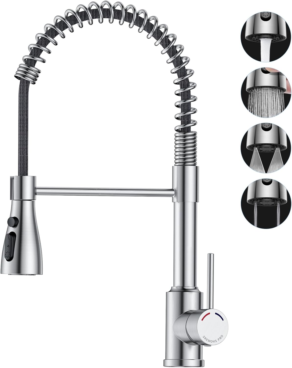 SREWOHS PRO Kitchen Tap,Kitchen Sink Mixer Taps with Pull Down Spray Head, 360°Swivel Spout with 4 Modes, Single Lever Stainless Steel Spring Bar Faucet for 1 Hole Sink,No Plumber Required,Nickel