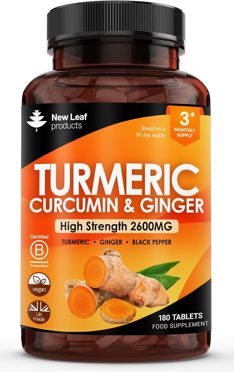 Turmeric Tablets 2600mg with Black Pepper & Ginger - 95% Curcumin Extract -180 Tablets (3 Months) High Strength Active Turmeric Supplements Not Turmeric Capsules,by New Leaf