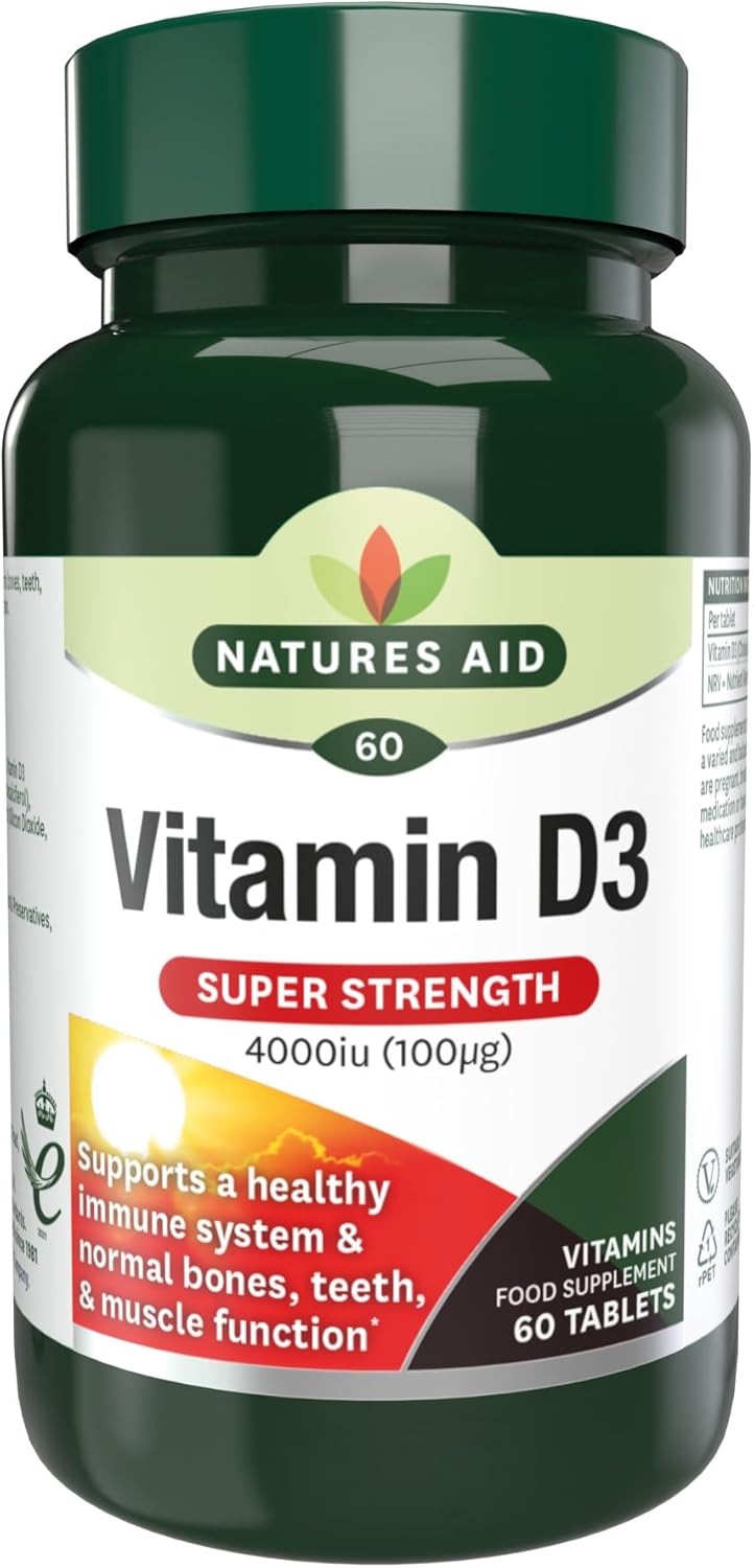 Natures Aid Super Strength Vitamin D3 4000iu – High Strength Vitamin D Supplement for Bones, Immune System, Mood & Energy – Natural, Non-GMO, Gluten Free, Vegan Health & Wellness Support – 60 Tablets