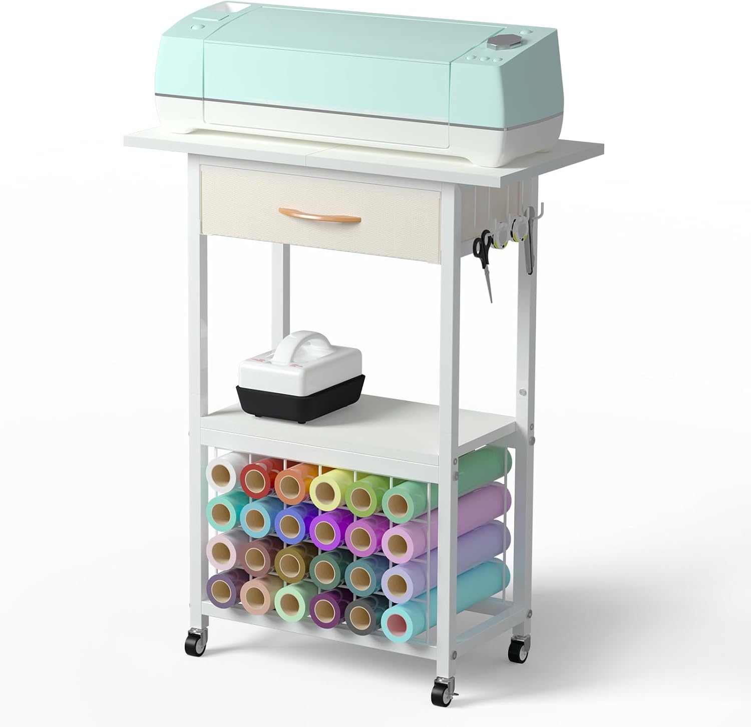 CRUDATE Organizers and Storage Compatible with Cricut Machines, Rolling Craft Storage Cart with Drawer, Craft Table with Vinyl Roll Holders, Crafting Table Organization Workstation with Wheels, White