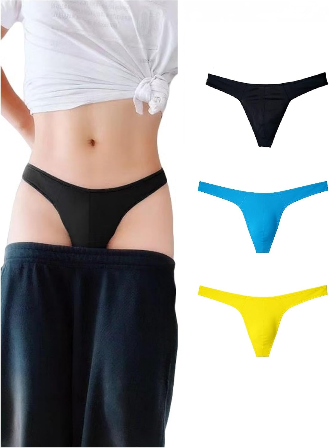 Men's Cotton Thong Sports T-back Sexy Classic Black/Blue/Yellow 3 Pack