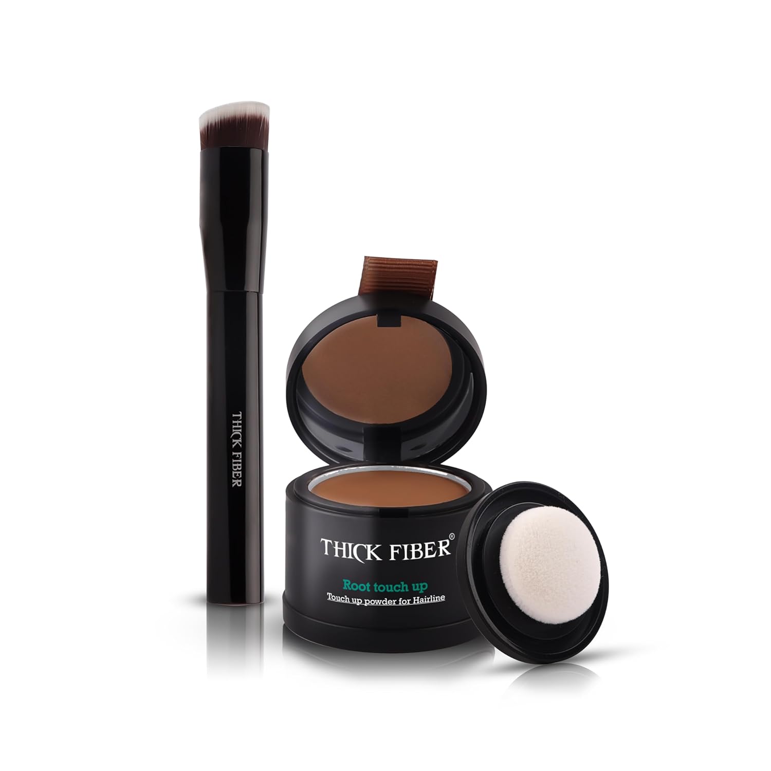 THICK FIBER Root Touch Up Set - Hairline Concealer for Thin and Thinning Hair, Water & Sweat Resistant, with Brush (Medium Golden Brown)
