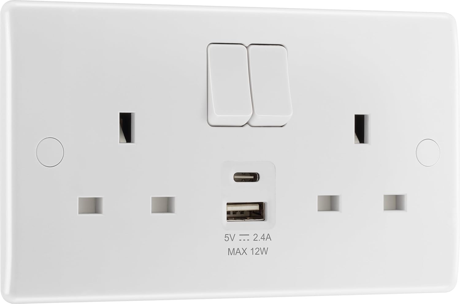 BG Electrical Double Switched Power Plug Socket Socket with Two Type A USB Charging Ports, Round Edge, Nexus 800 Series, White Moulded, 13A, 12W, 822UAC12
