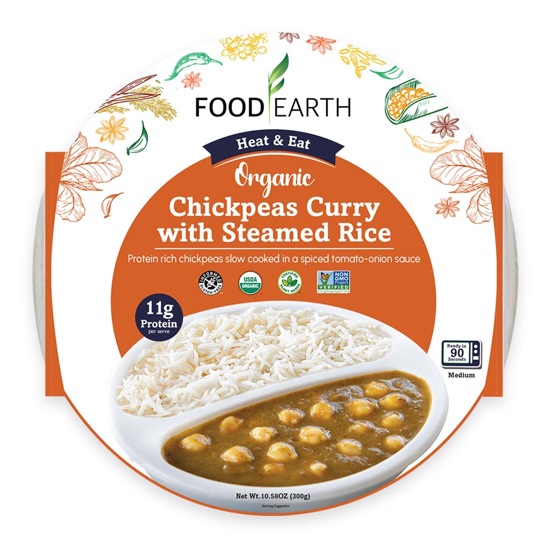 Food Earth Ready-to-Eat Chickpeas Curry with Steamed Rice – Healthy Packaged Indian Microwave Meal (300g x Pack of 6)