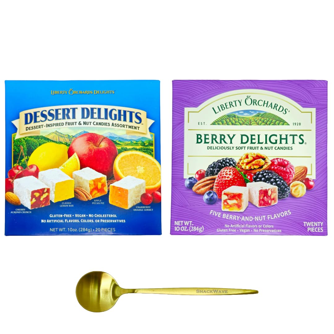 Liberty Orchards Dessert Delights & Berry Delights - Turkish Delights Lokum Candy 20oz | Natural, Vegan, Gluten-Free | Pack of 2 with Golden Spoon by SnackWave