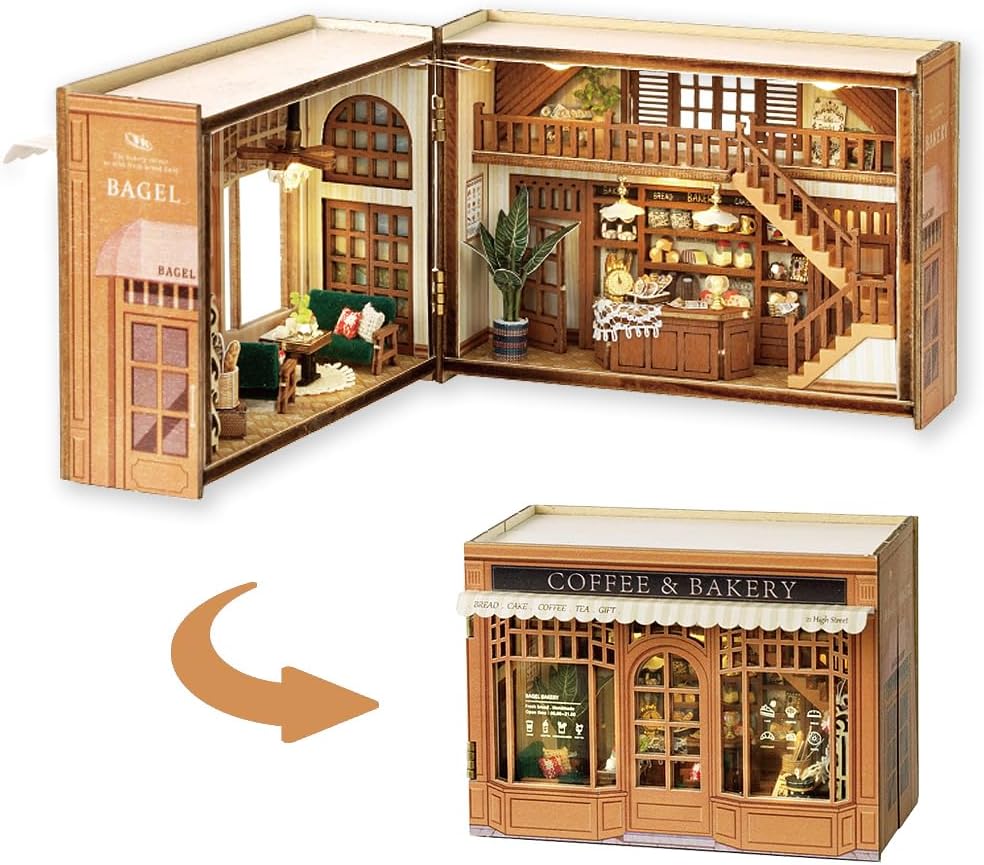 TuKIIE DIY Miniature Dollhouse Kit with Furniture, 1:32 Scale Opened & Closed Mini Cube Wooden Doll House Book Nook Creative Room for Kids Teens Adults(Bagel Time)