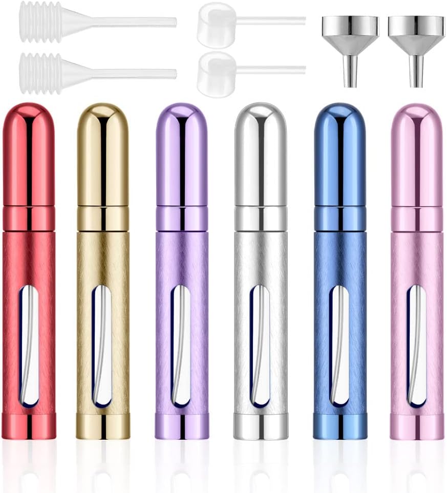 Lil Ray 12ml Portable Mini Perfume Atomizer(6 PCS)，Refilable Small Spray Bottle for Travel, Empty Pocket Cologne Sprayer, Glass inner and Aluminum Housing（0.4Oz,Pack of 6 with different colors）