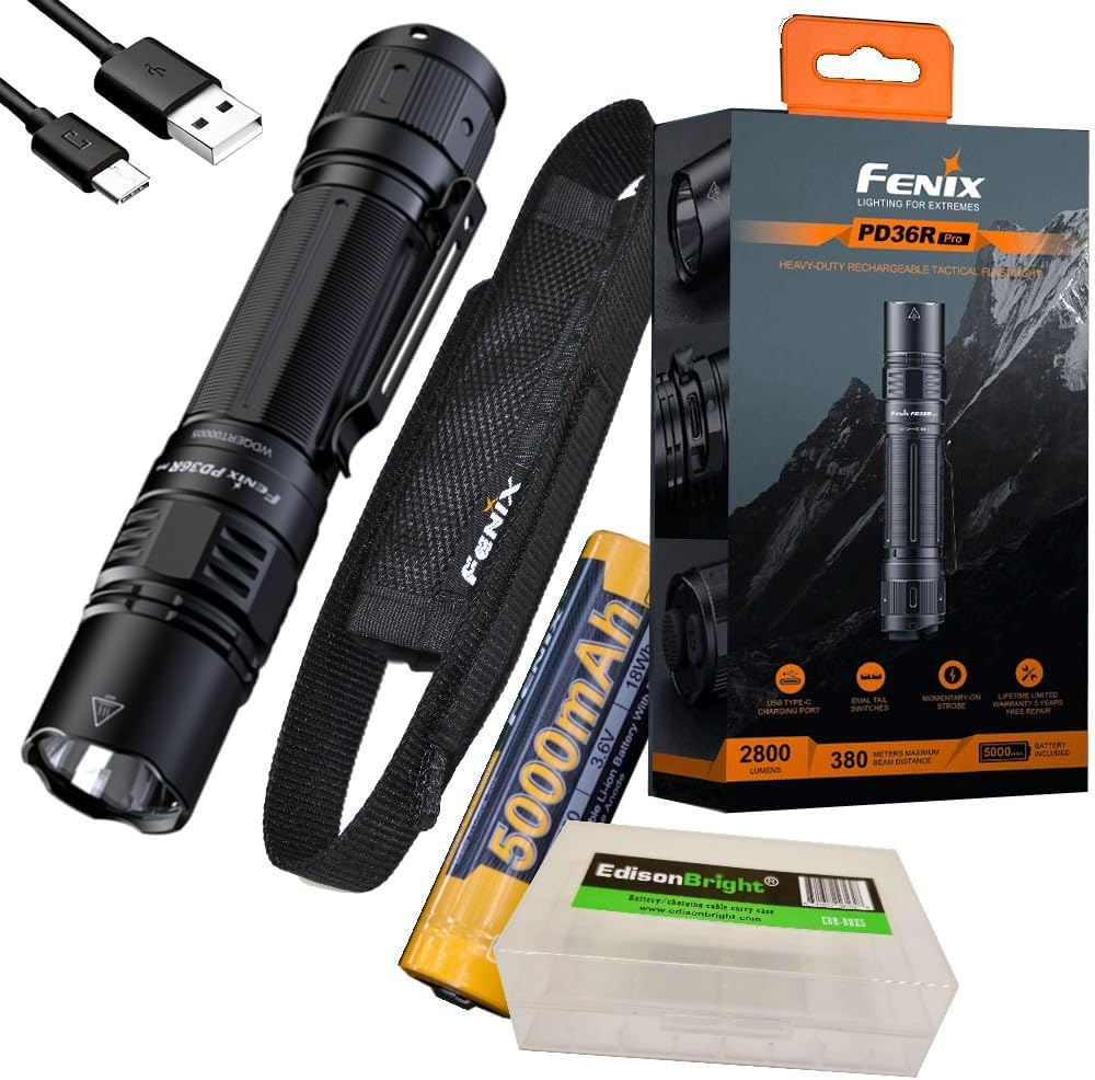 Fenix PD36R Pro 2800 Lumen USB Rechargeable LED Tactical Flashlight with EdisonBright Charging Cable Carry case Bundle