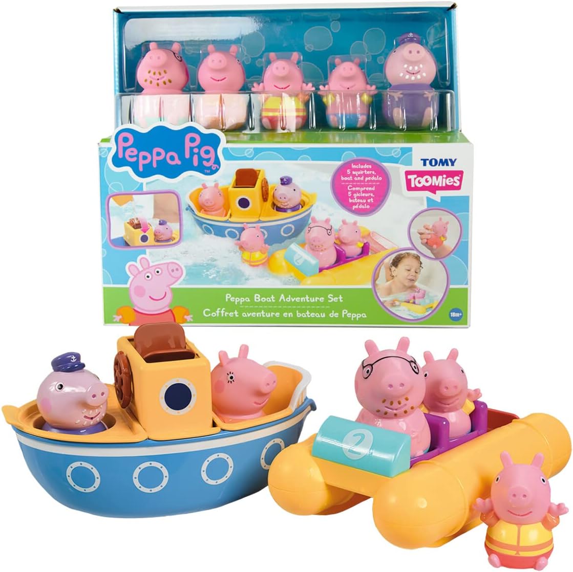 Toomies Peppa Pig Bath Toys - Peppa’s Boat Adventure Bath Toy Set - Includes 2 Boat Toys and 5 Peppa Pig Figures - Peppa Pig Toy Boats - Toddler Bath Toys for 18 Months and Up