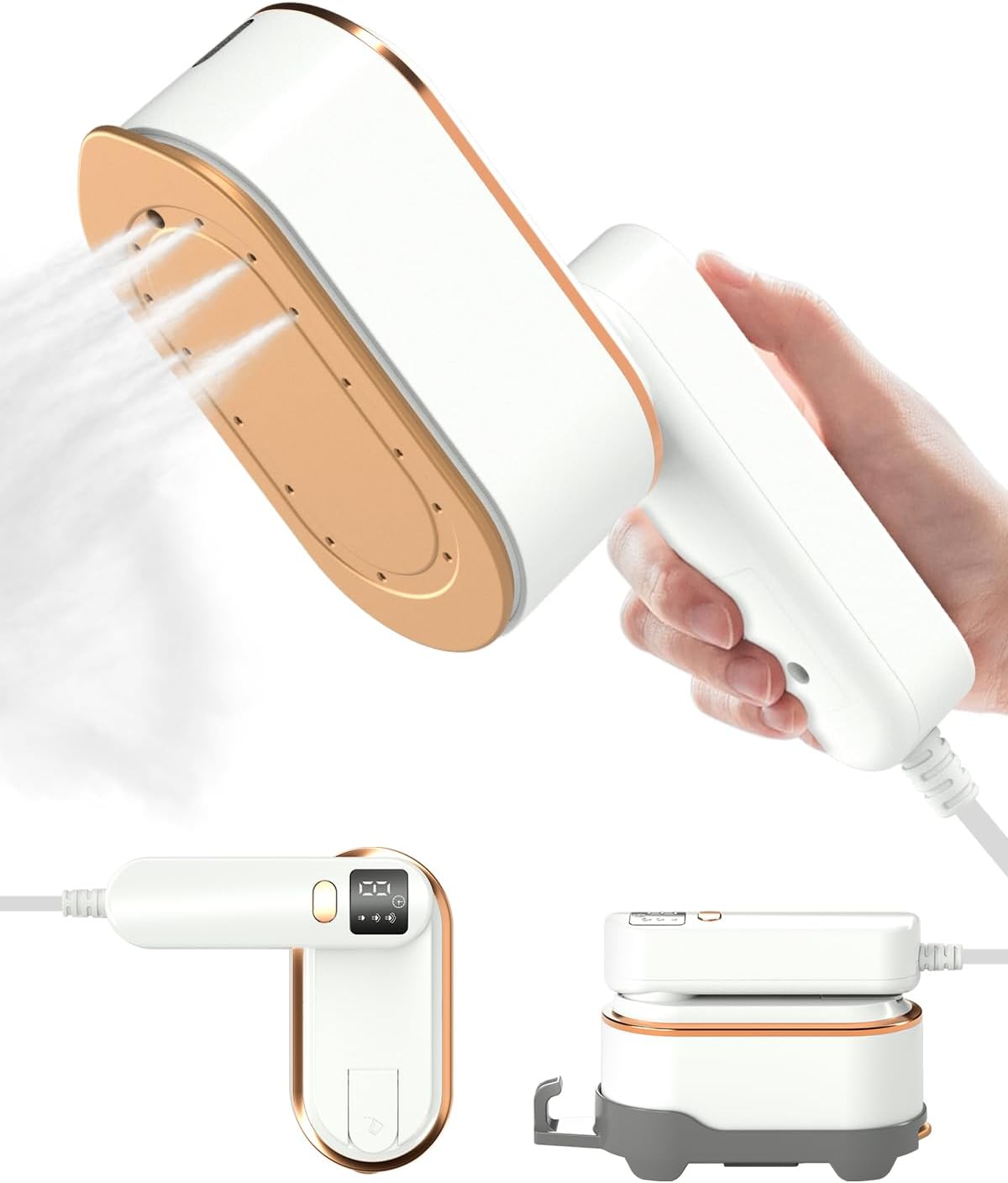 Travel Steamer Iron for Clothes - 1200W Handheld Size Portable Travel Steamer, 3 Steam Levels Clothes Steamer with LCD Screen, 10S Fast Heat-up Steamer for Dress Shirt Home Travel (White)