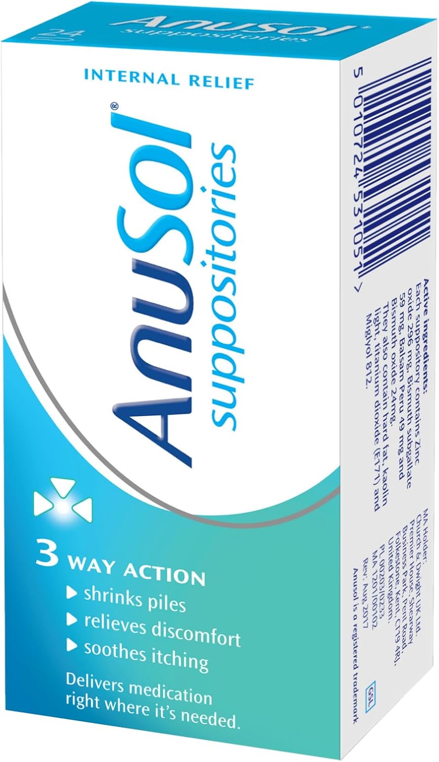 Anusol Suppositories – For Haemorrhoids & Related Conditions – Proven Formula Shrinks Piles, Relieves Discomfort & Soothes Itching – 24-Pack