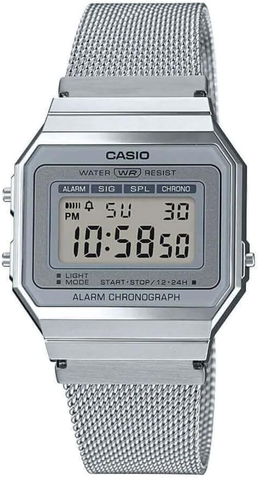 Casio Unisex 36.00mm Quartz Watch with LCD Digital dial and Silver Mesh Bracelet Strap A700WEM-7AEF