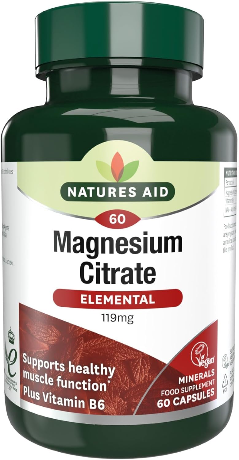Natures Aid Magnesium Citrate 750mg with Vitamin B6 – High Absorption Vegan Capsules – Supports Muscle, Nerve & Bone Health and Stress Relief – Non-GMO, Gluten-Free – 60 Capsules