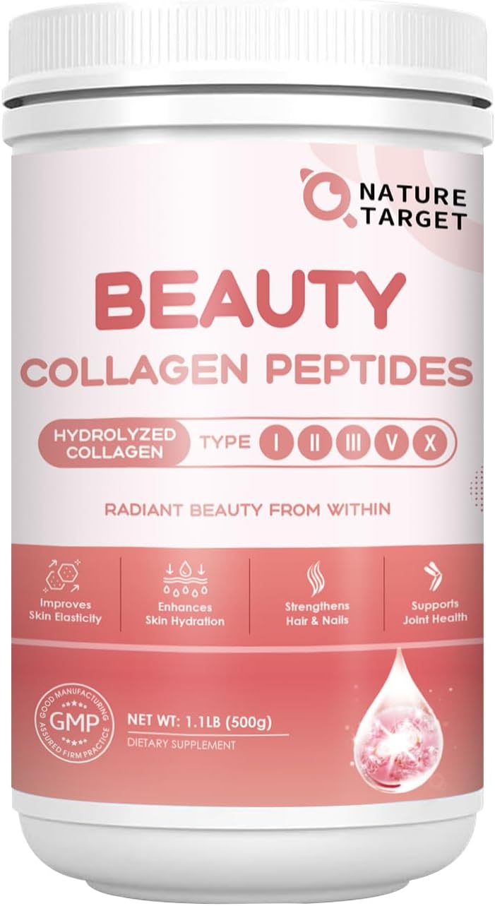 NATURE TARGET Beauty Collagen Peptides Powder for Women, Multi Collagen Powder with Vitamin C, Biotin, Hyaluronic Acid – Unflavored, Keto Friendly, Easy Dissolve, Non-GMO, 50 Servings
