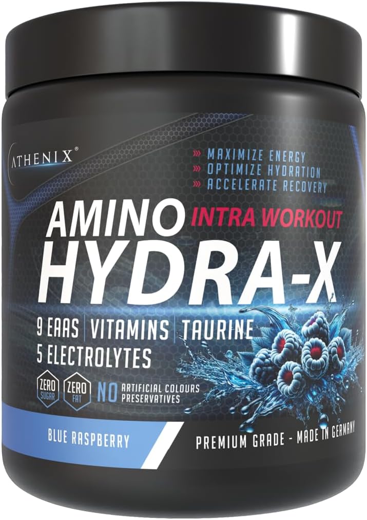 Athenix® Amino Hydra-X Intra-Workout | Blue Raspberry | 9 EAAs + 5 Electrolytes + Vitamins & Taurine | Vegan BCAA + Hydration Powder | 26 Servings | Zero Sugar & Fat | 365g