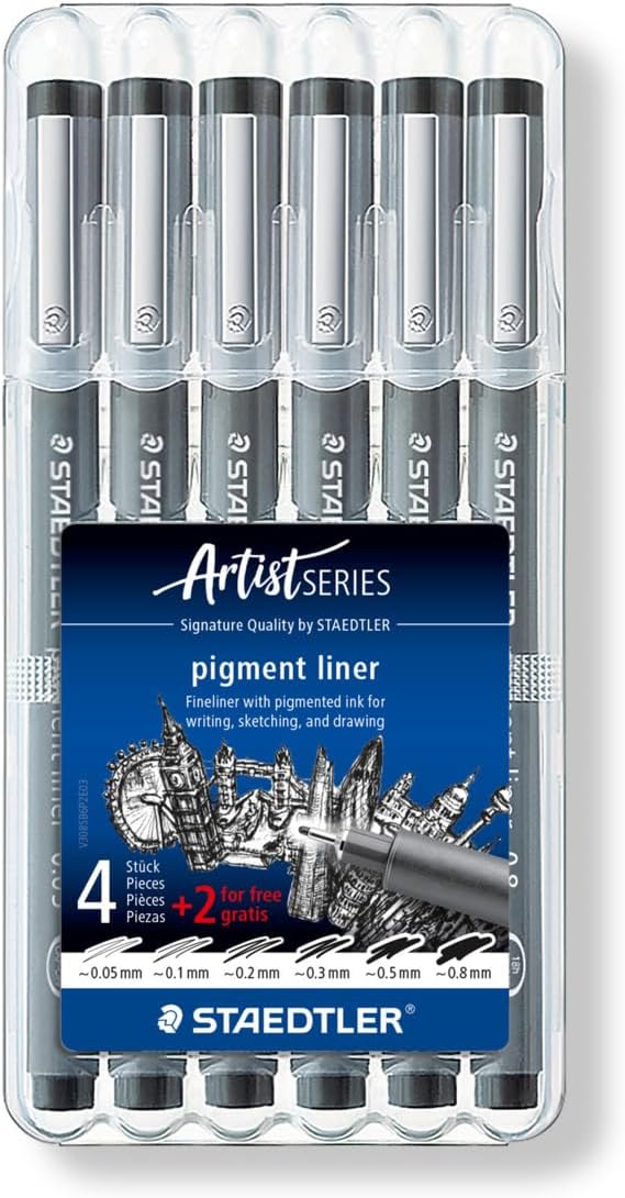 STAEDTLER Pigment Liner 308 Fineliner Set – Black, Box of 6, 0.05–0.8 mm