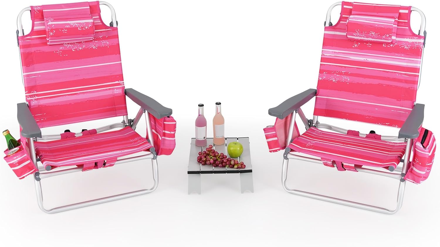 GYMAX Beach Chairs, 2-Pack Backpack Camping Chair with Armrest, Cooler Bag, Cup Holder, Towel Bar & Side Pockets, Sunbath Sling Tanning Lounge, Folding Layout Chair (with Table, Pink Stripe)