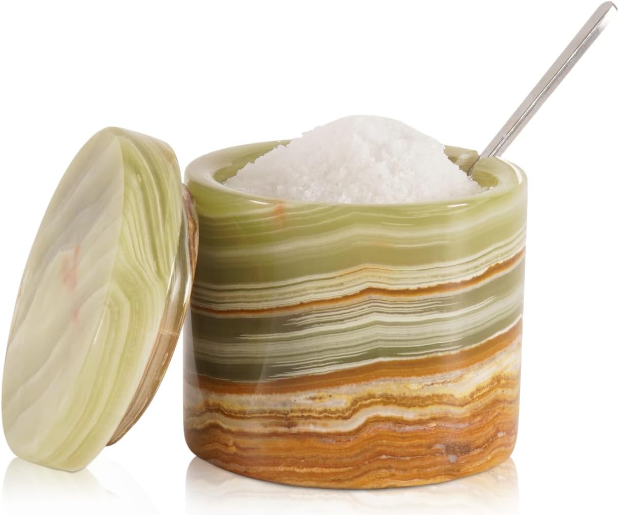 SPESHSTONES Marble Salt Cellar 7.6 cm Handmade 5.2 oz Green Salt Container for Countertop, Sugar Bowl with Lid and Spoon, Stone Salt Holder, Marble Spice Containers for Kitchen Decor | Handmade natural stone. Use as a sugar bowl, spice jar or salt box. Countertop seasoning storage and modern kitchen decor.
