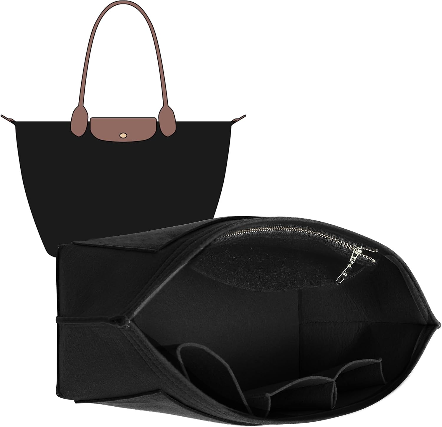 Doxo Felt Purse Organizer Insert for Longchamp Le Pliage Large Bag, Black | Anti-Pilling Felt Longchamp Organizer Insert, 8 Pockets, Cup Holder, YKK Zipper, Protects Interior, Lightweight Tote Insert