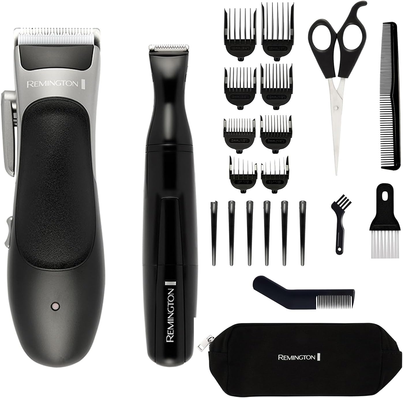 Remington Hair Clipper and Detail Trimmer (25 Piece kit incl. 6 Sectioning Clips, 6 Comb attachments (3mm-25mm), Ear Taper Combs, Scissors, Storage Pouch etc., 40 Minutes Cordless Usage) HC367