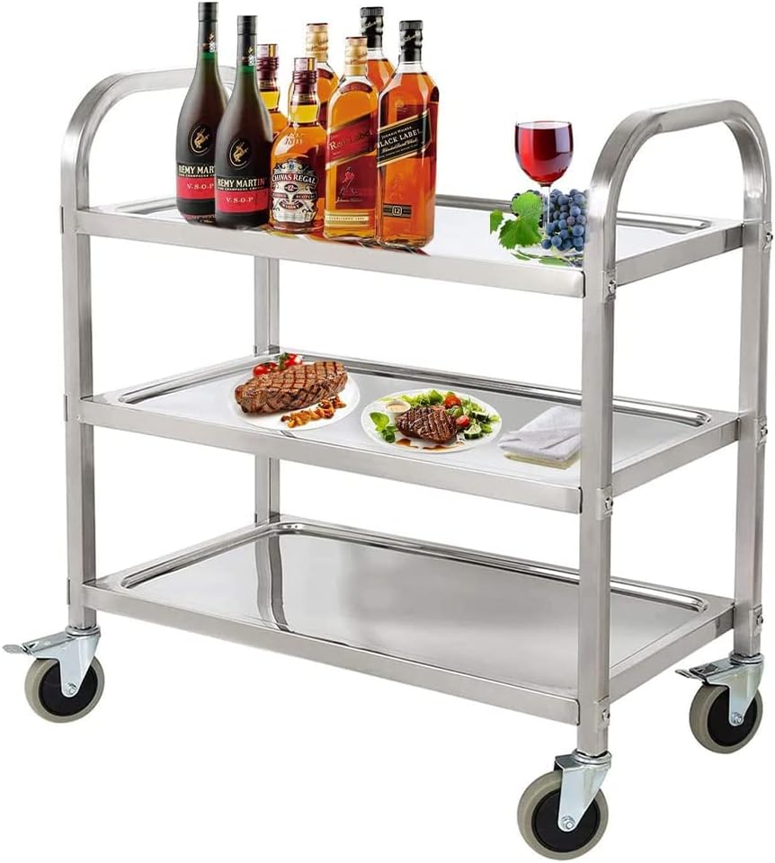 Nisorpa 3 Tier Stainless Steel Catering Trolley Wheels Utility Cart Kitchen Cart Serving Trolley with Locking Wheels for Kitchen Hotels-950 x 500 x 950MM