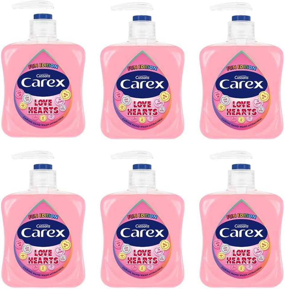 Carex Fun Editions Love Hearts Hand Wash Pack of 6, Antibacterial Hand Soap with Fun Edition Swizzles Love Hearts Fragrance, Soap that Cleans, Cares and Protects, 250ml