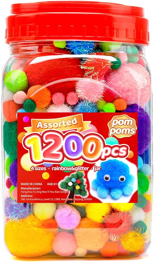 Iooleem Multi-Color Pom Poms, 1200pcs Assorted Size & Color, Pom Poms for Arts and Crafts, Pom Pom Balls with Wiggle Eyes in jar, Glitter Pom Poms, Craft Supplies.