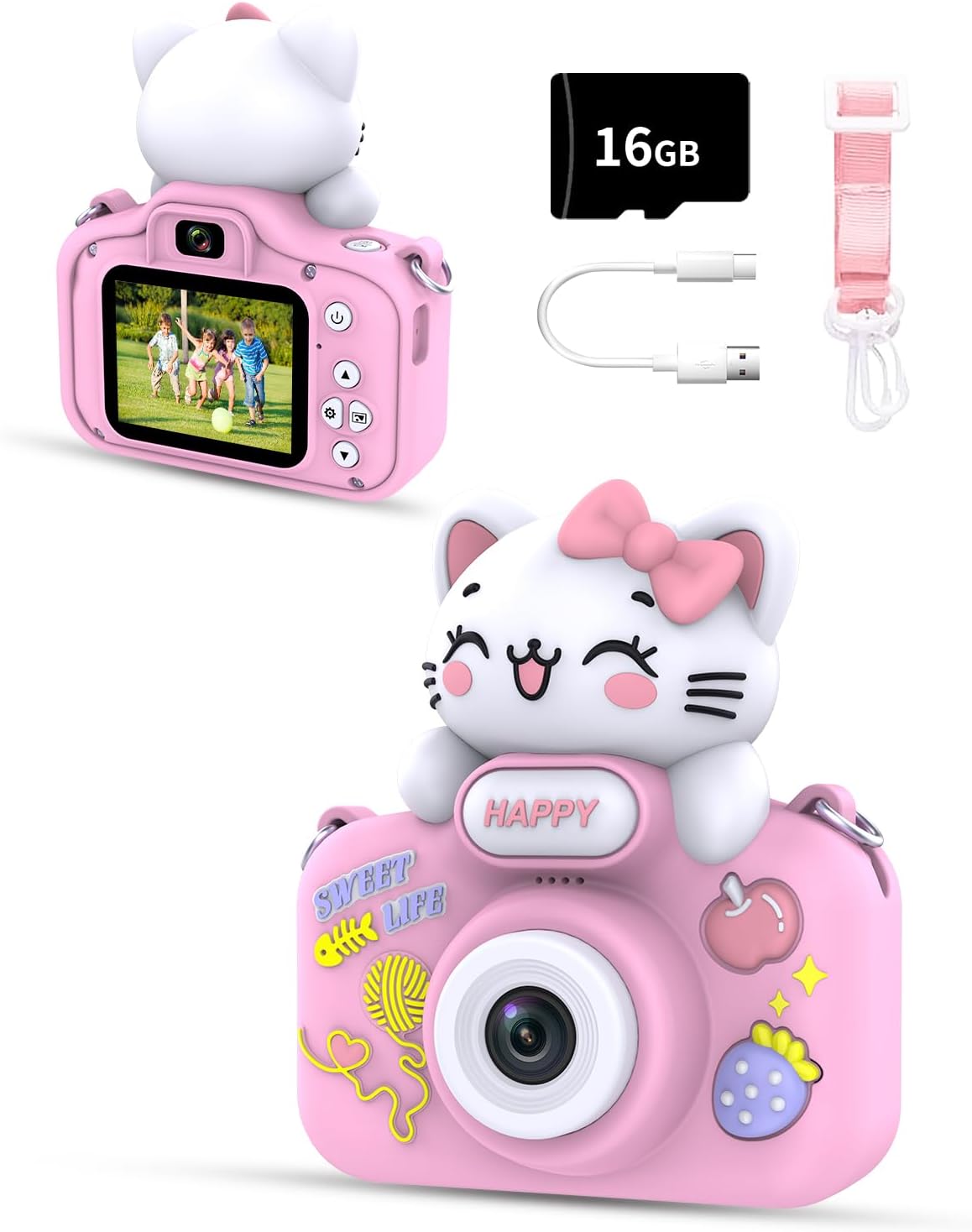 Kids Camera for Girls and Boys, 1080P 8X Digital Zoom Camera for Kids Age 3 4 5 6 7 8, 48MP Toddler Cameras Christmas Birthday Gift with Silicone Cover & 16GB TF Card, Pink