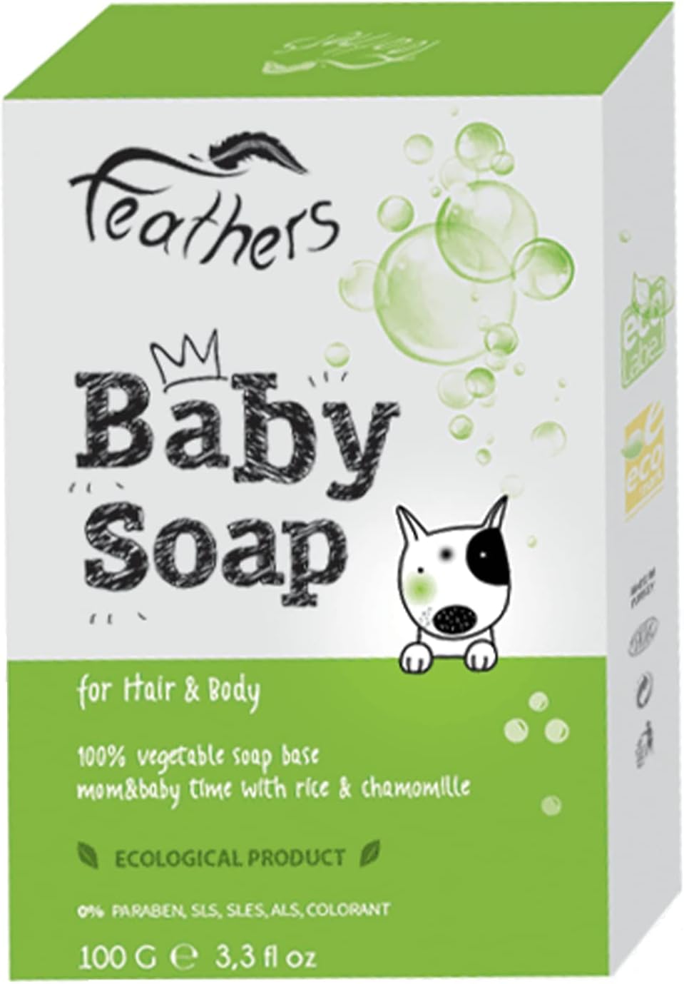 Feathers Baby Natural Bath Products, BABY SOAP with Organic Olive Oil, For Hair & Body, Parafin Free & Paraben Free, Vegan, Cruelty Free - 100g