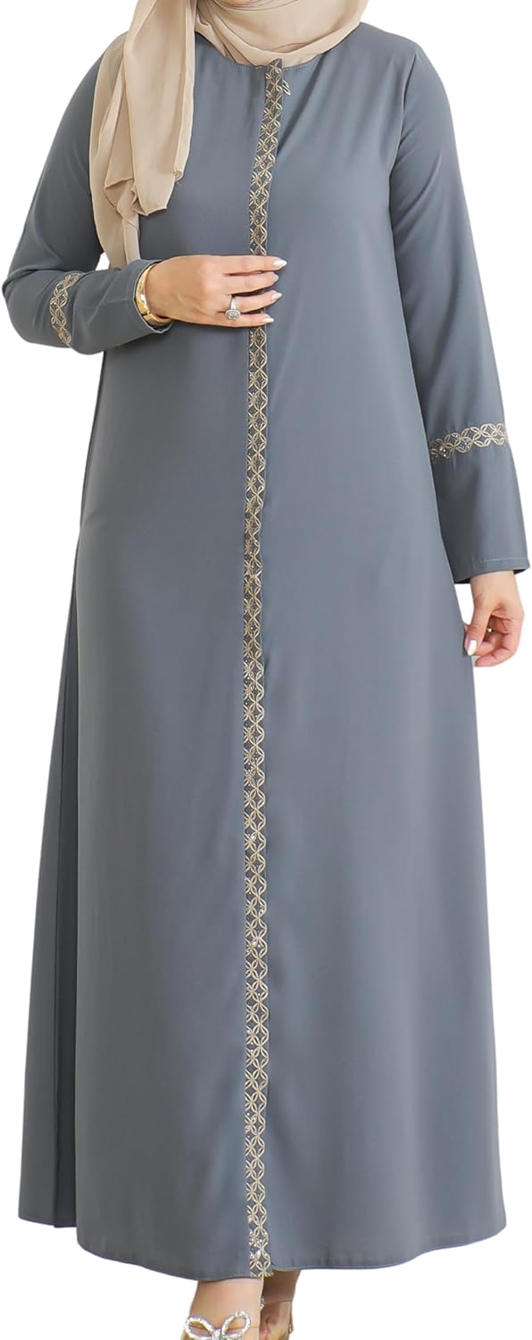 Embroidered Sleeves Abaya with Side Zipper Embroidery Long Sleeve Floor Length Turkish Abaya for Women