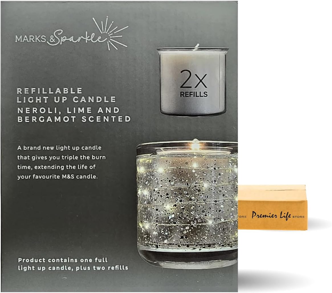 M&S LED Light Up Neroli, Lime & Bergamot Scented Silver Candle Set with Refills in Premier Life Store Box