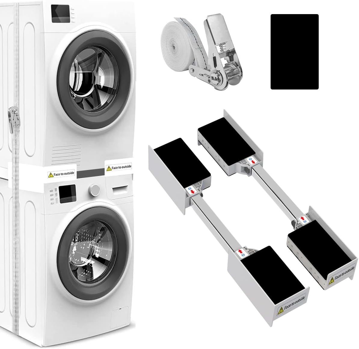NIUXX Universal Slim Stacking Kit for Washer and Dryer, Adjustable Stacking Frame Kit for Washing Machines with Depth 44.5-64 cm, Washer Dryer Stack Stand with Ratchet Ropes and Anti Vibration Feet