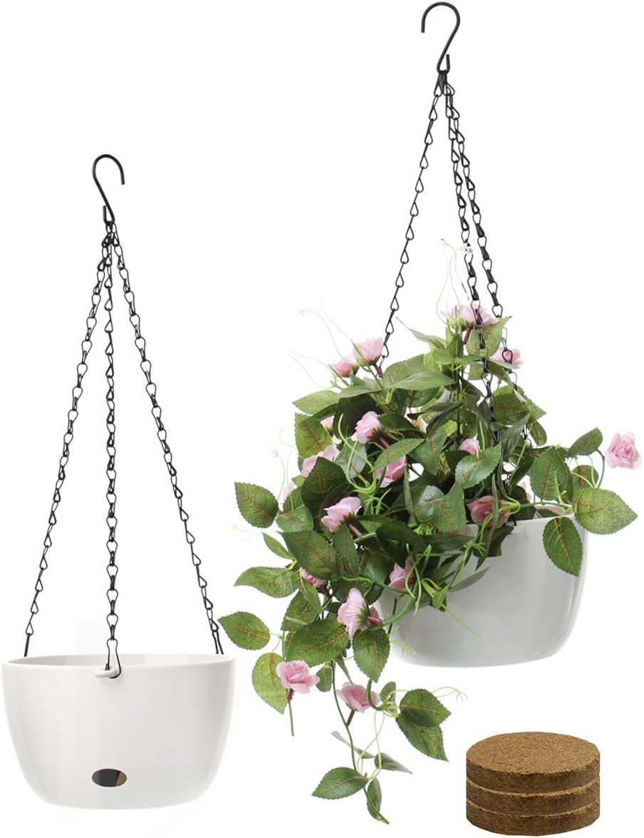 SAROSORA 8'' Self Watering Hanging Basket Planter for Outdoor Indoor Plants Flowers Herbs Planters(2-Pack, 8'')