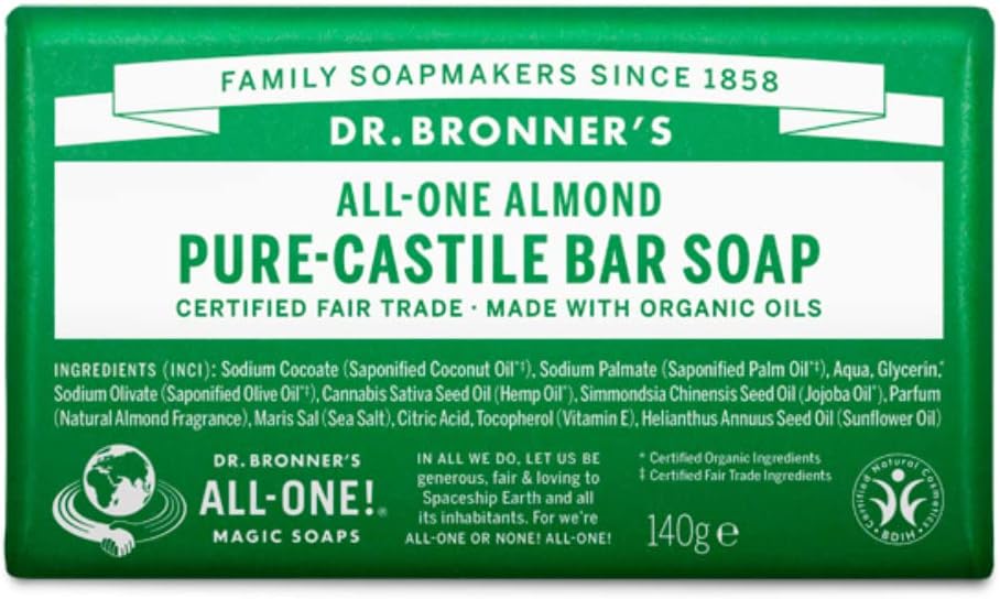 Dr Bronner's 3-in-1 Almond Pure Castile Bar Soap, Made with Organic Oils, Used for Face, Body and Hair, Certified Fair Trade & Vegan Friendly, 140g Bar