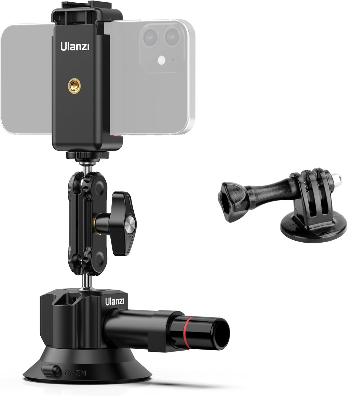 UURig SC-01 Suction Mount 3" for Vlogging Action Camera Car w Smartphone Clamp Compatible with DJI OSMO Pocket 3 Insta 360 x5 iPhone 16 15 14 13 Pro Max, 1/4" Magic Arm Adapter Car Windshield Window