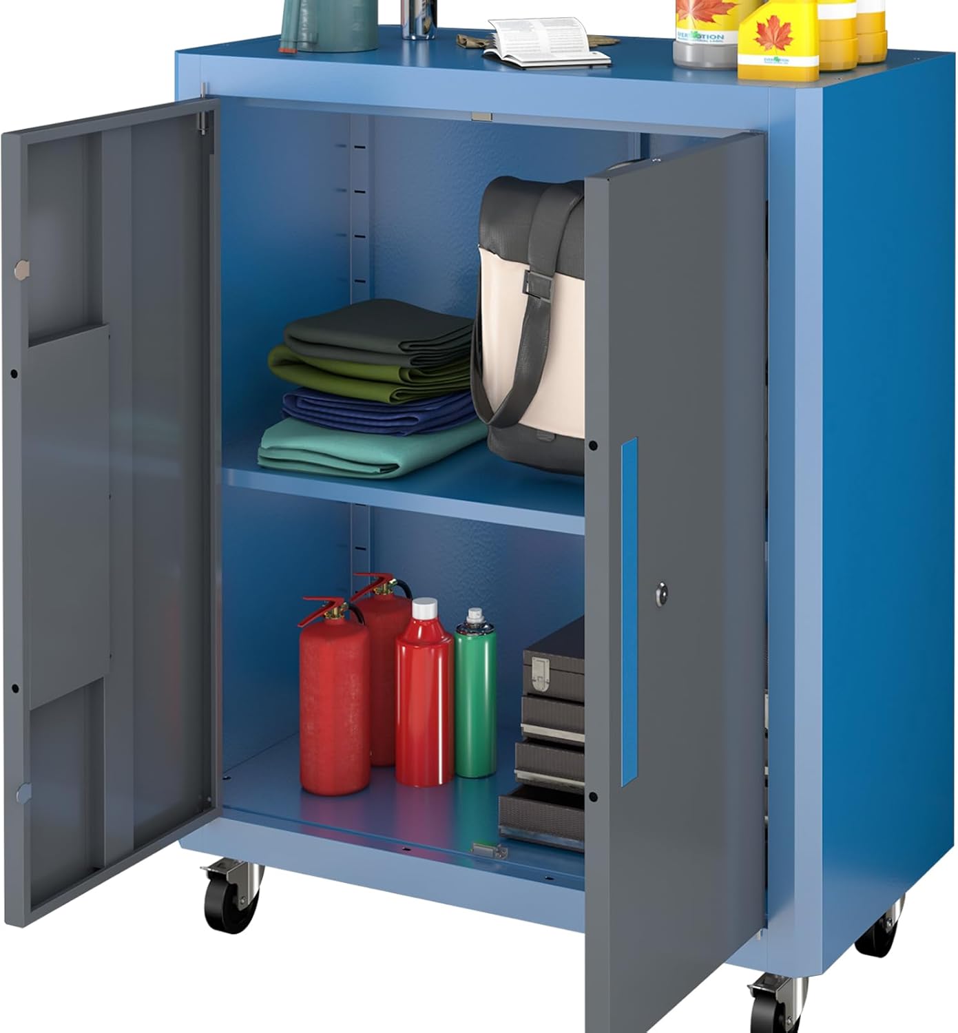 Upgraded Metal Tool Chest with 2 Locking Doors,Rolling Tool Chest with 360° Swivel Casters and Foot Pads,Large Capacity Cabinet with Movable Partition for Different Needs,Large Assembly Box