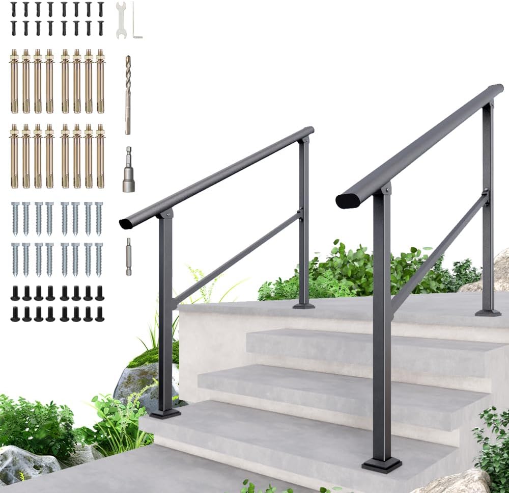 DIYHD 4 Step Handrail for Outdoor,Powder Coated Iron Stair Railing,Black Hand Rails for Indoor, Porch,Deck,2 Pack
