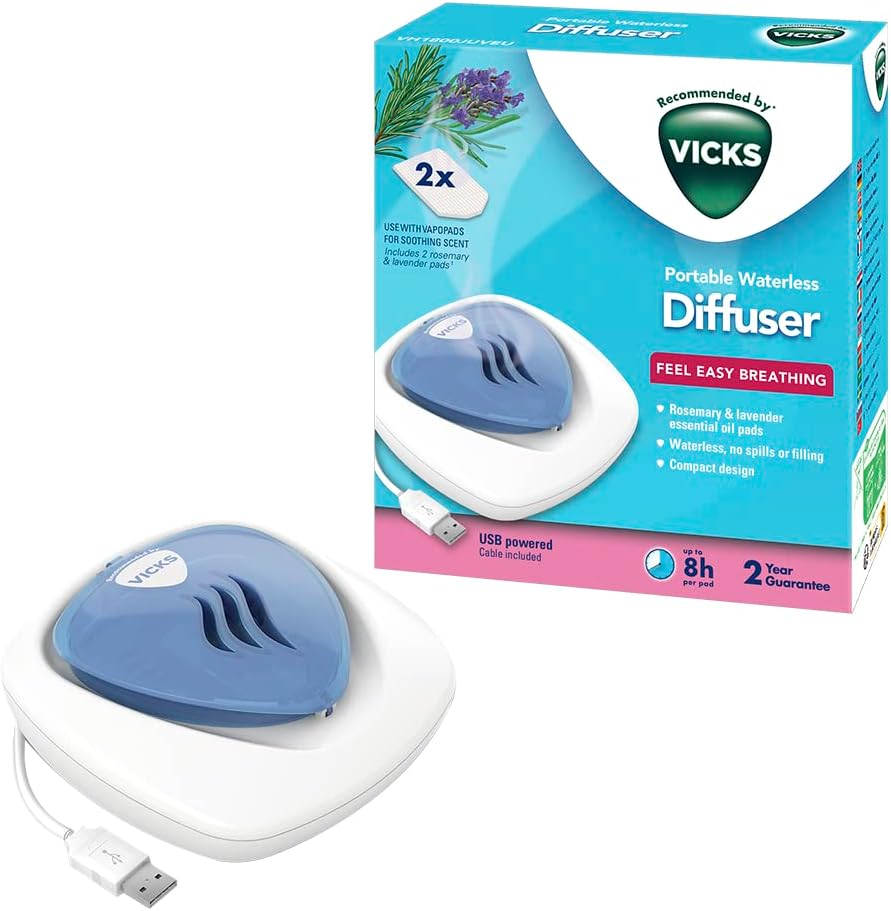 Vicks Portable Waterless Diffuser - USB Plug-In - Easy Breathing - Nightlight Feature - Essential Oil Pads Included - For Children's Bedrooms and Babies Nurseries - VH1800JUVEU, Pack of 1 , White