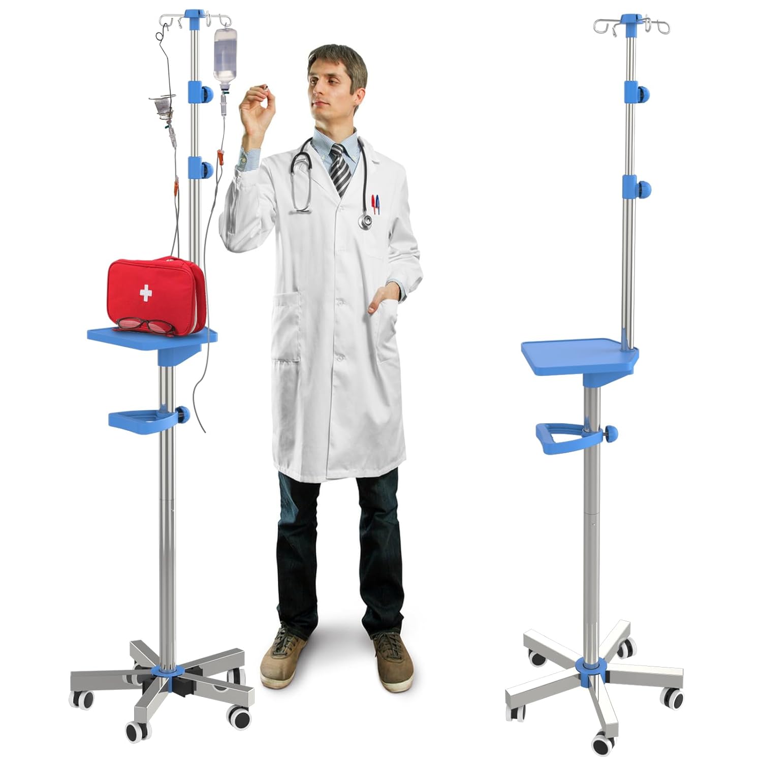 IV Pole with Wheels with 4 Hooks and Tray, 52.3“ to 70.8” Height Adjustable, IV Pole Stand for Hospital, Home and Outdoor Use