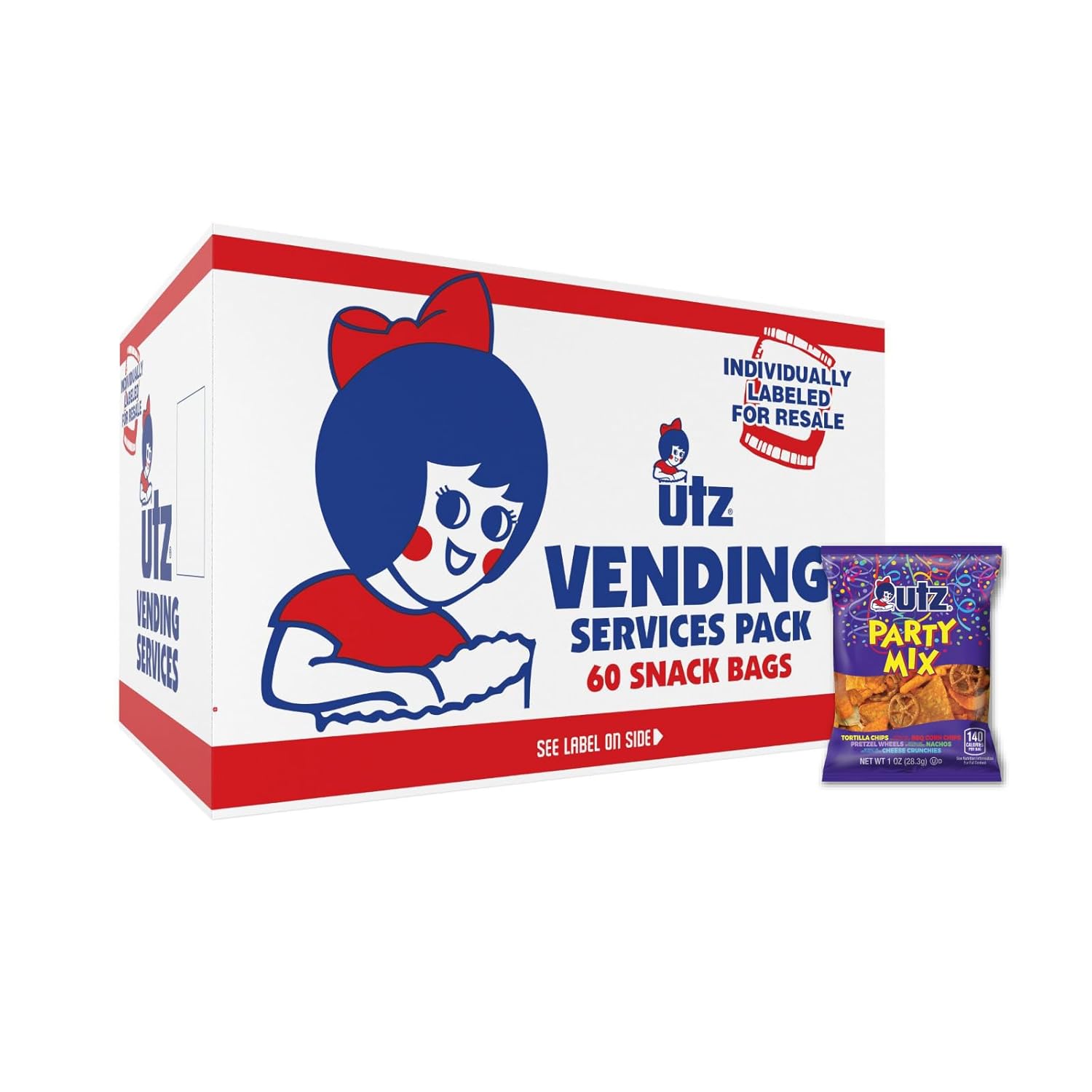 Utz Party Mix – 1 oz. Bags (60 Count) Tasty Snack Mix of Corn Tortilla, Nacho Tortilla, Pretzel, BBQ Corn Chip and Cheese Curl, Perfect for Vending Machines, Individual Snacks to Go, Trans-Fat Free