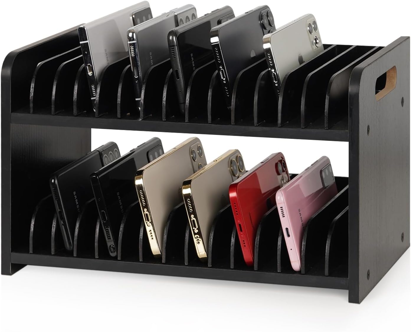 Cell Phone Storage Classroom Cell Phone Holder Adjustable Wooden Multiple Rack Caddy Organizer Box for Classroom Office Desktop with 1-30 Number Stickers (30-Grid) (Black)