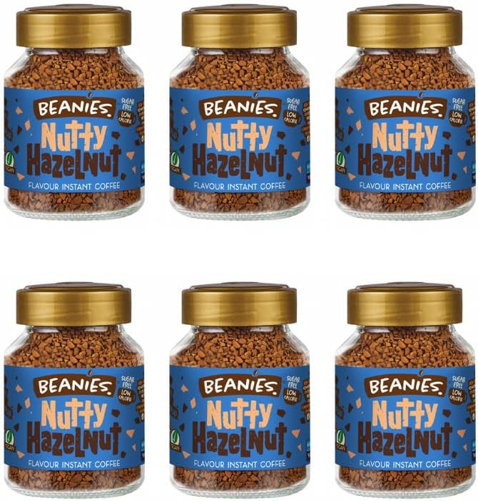 6X Beanies Nutty Hazelnut Flavoured Instant Coffee Jars: 50g per jar