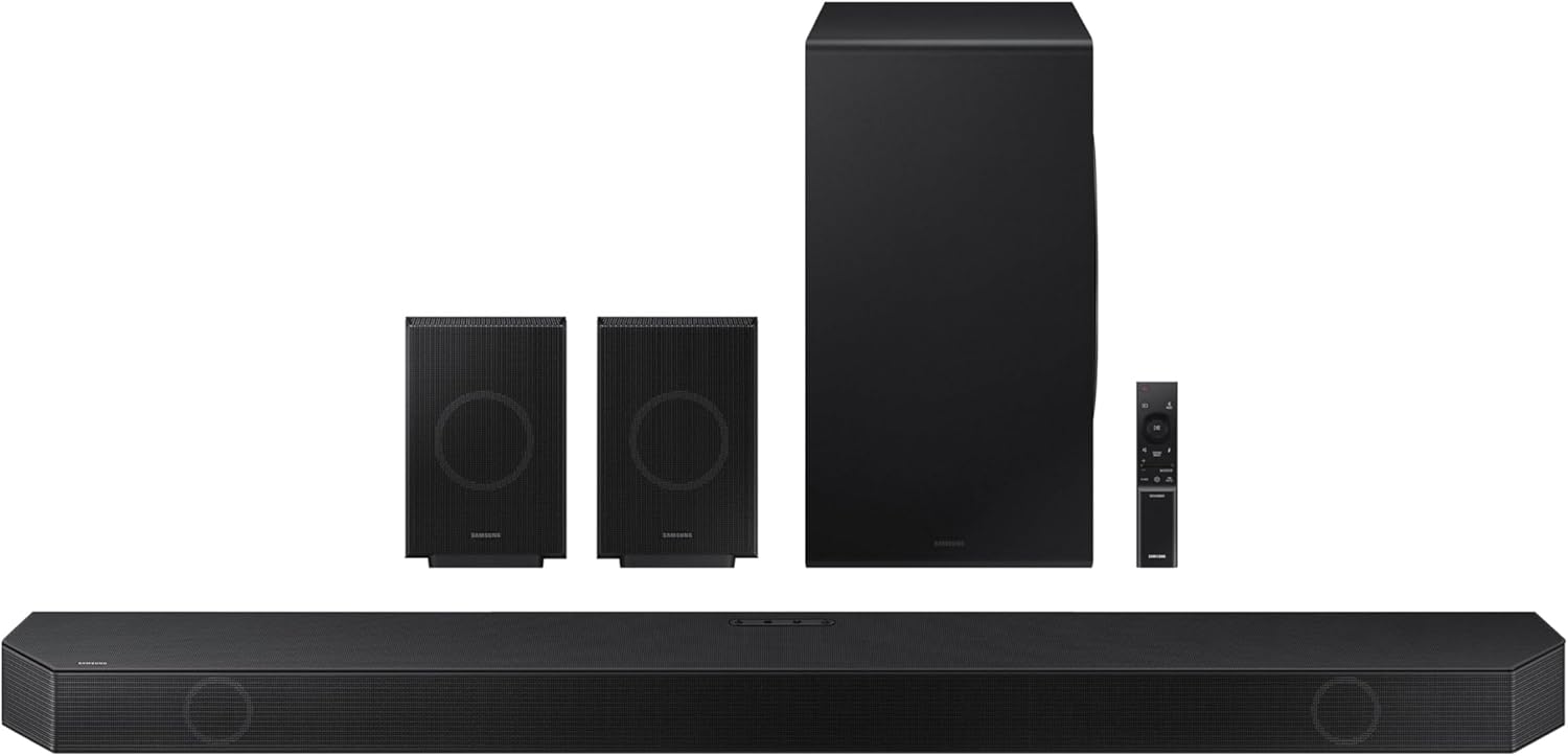 SAMSUNG Q990D 11.1.4ch Soundbar w/Wireless Dolby Atmos Audio, Rear Speaker Included, Q-Symphony, SpaceFit Sound Pro, Adaptive Sound, Game Mode Pro with Alexa Built-in, HW-Q990D/ZA (Newest Model)