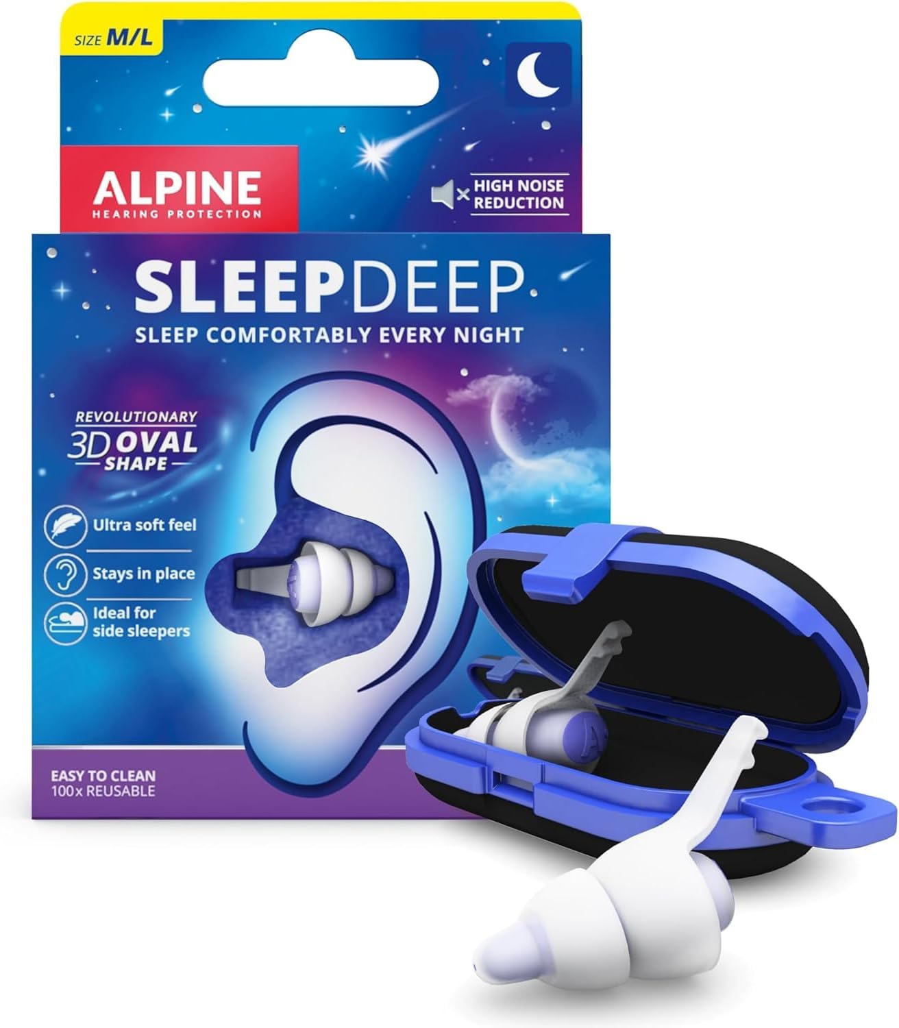 Alpine SleepDeep – Ear Plugs for Sleep - New 3D Oval Shape and Super Soft Reusable Noise Cancelling Ear Plugs - 27dB Noise Reduction - Ideal for Side Sleepers and Block Out Snoring (M/L)