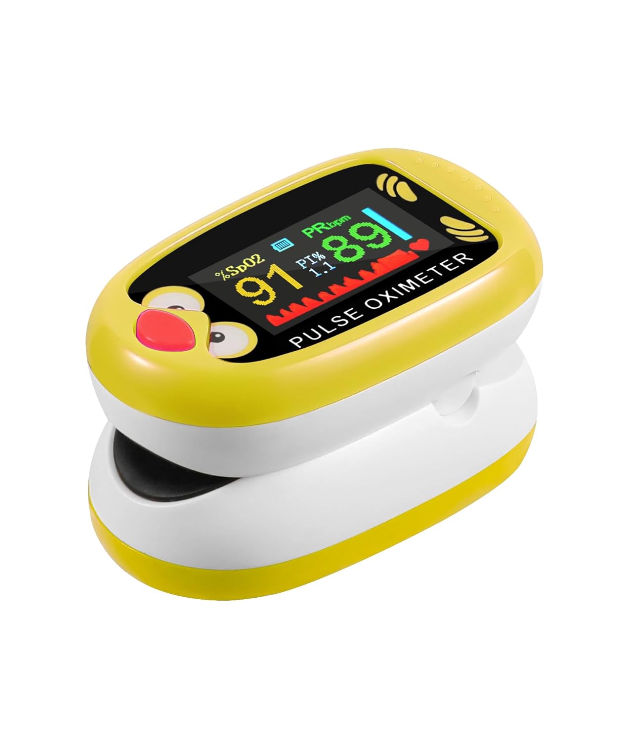Paediatric Oximeter for Infants & Kids, Fingertip Pulse Oximeter for Small Fingers, Blood Oxygen Saturation, Pulse Rate Monitor, Cute Cartoon Design, USB-C Charging (Yellow)