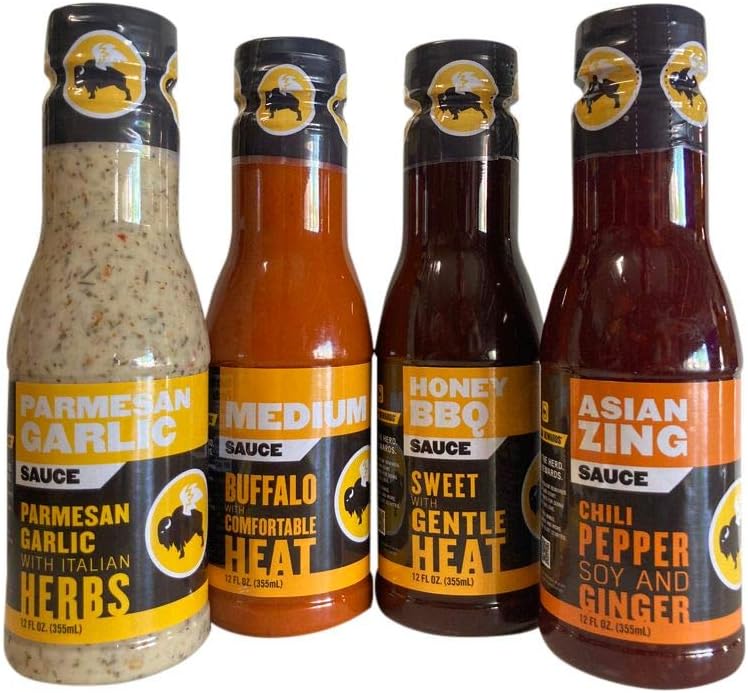 Buffalo Wild Wings Milder Variety Bundle: Parmesan Garlic, Medium, Honey BBQ, Asian Zing: 12 Ounces Each