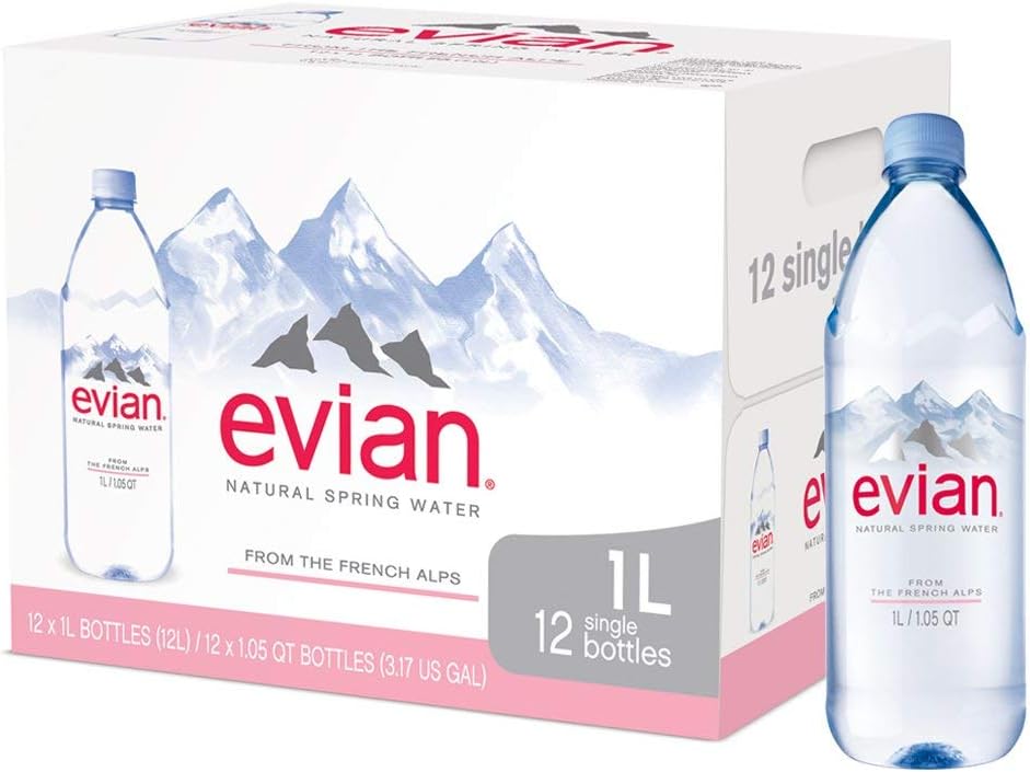 evian Natural Spring Water (One Case of 12 Individual Bottles, Each Bottle is 1 Liter) Naturally Filtered Spring Water in Large Bottles