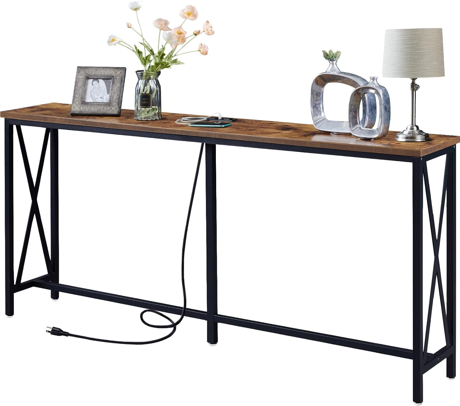 SUPERJARE 70 Inch Console Table with Outlet, Extra Long Entryway Table with Metal Frame and X-Shaped Design, Narrow Sofa Table for Living Room and Hallway - Rustic Brown